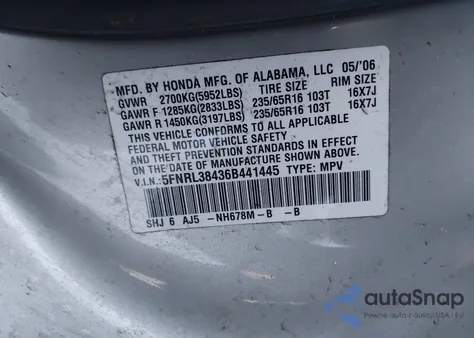 2006 Honda Odyssey Ex из США, поврежденный, VIN 5FNRL38436B441445